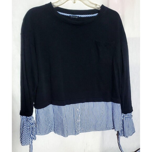 Layered Look Pinstriped Sweater Size L Mixed Media Wrist Tie Detail Chic - Picture 5 of 16